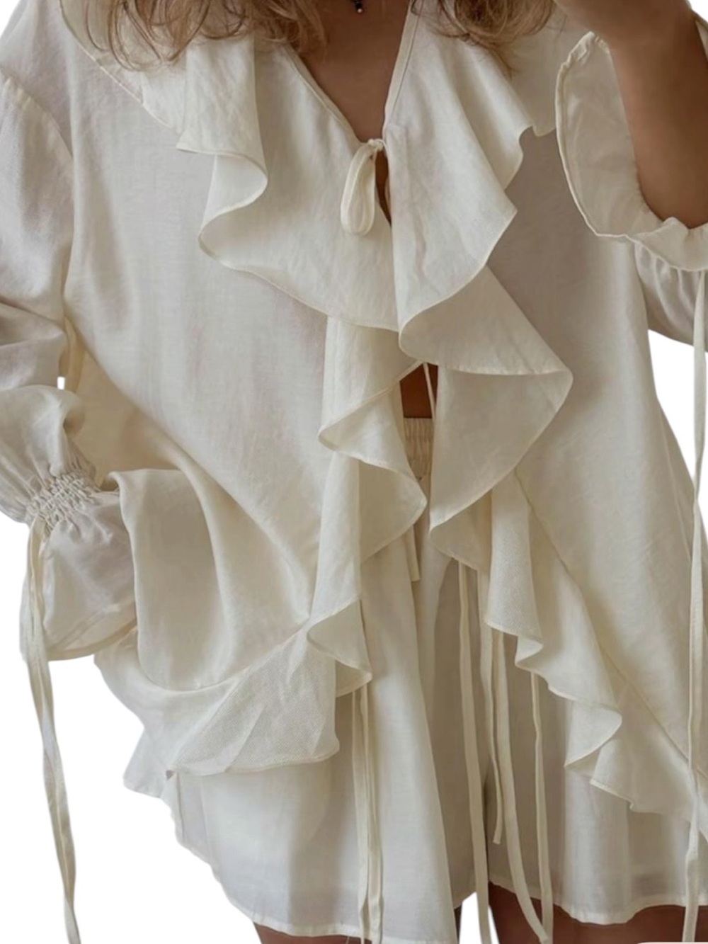 Ivory Ruffle Tie-Front Shorts Set
